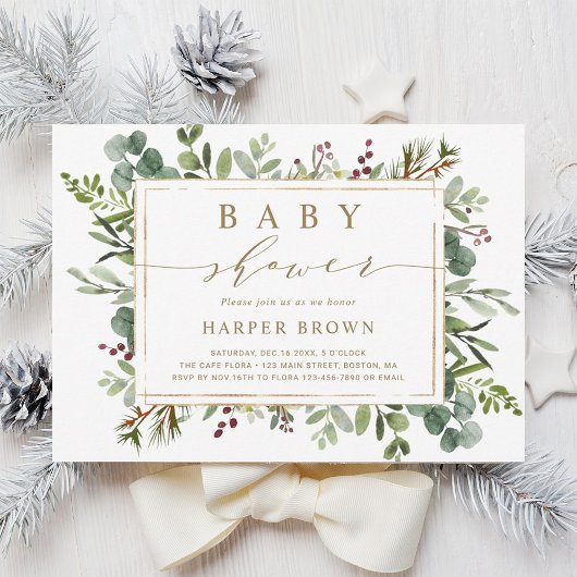 Invitation Baby shower de Noël Botanical Greenery