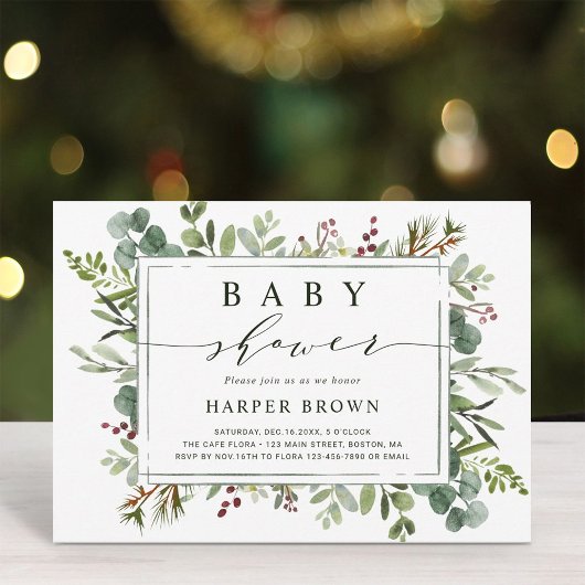 Invitation Baby shower de Noël Botanical Greenery