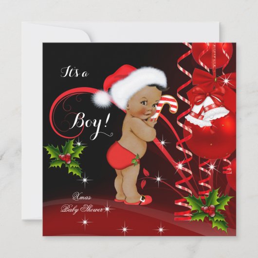 Invitation Baby shower de Noël Boy Red Santa Hat Ethnic (Devant)