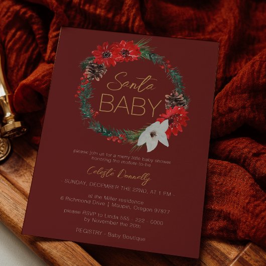 Invitation Baby shower de Noël classique Wreath Red Père Noël