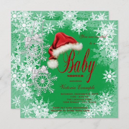 Invitation Baby shower de Noël de Santa Hat Snowflake (Devant / Derrière)