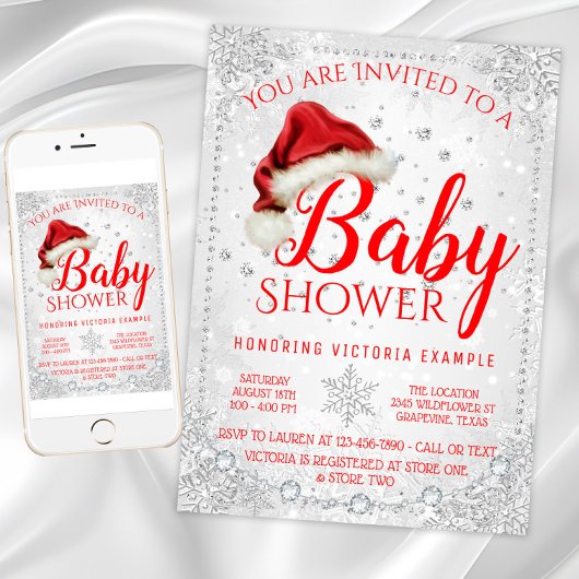 Invitation Baby shower de Noël de Santa Hat Snowflake