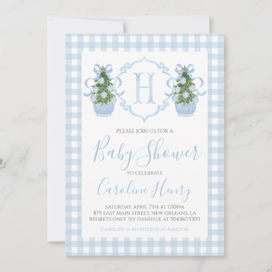 Invitation Baby shower de Noël garçon Preppy En vichy bleu (Devant)