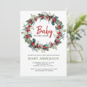 Invitation Baby shower de Noël Holly Wreath (Debout devant)