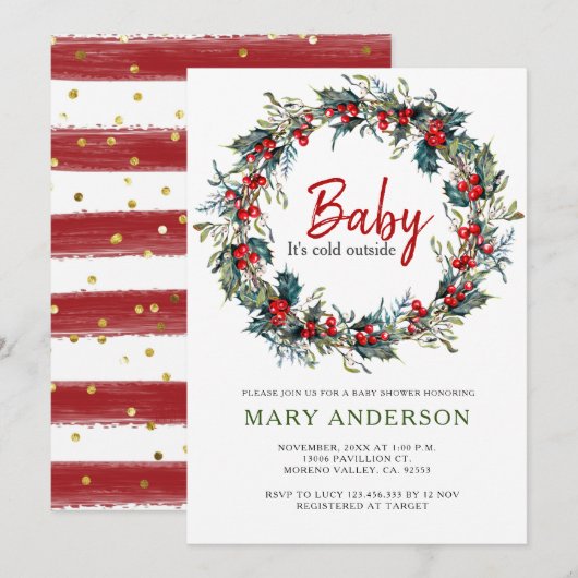 Invitation Baby shower de Noël Holly Wreath (Devant / Derrière)
