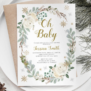 Invitation Baby shower de Noël pour bébé hiver et or