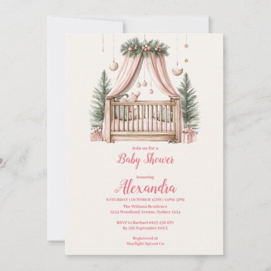 Invitation Baby shower de Noël rose (Devant)