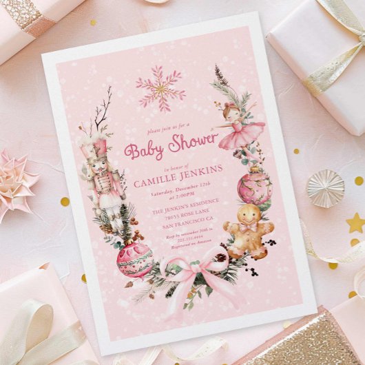Invitation Baby shower de Noël rose
