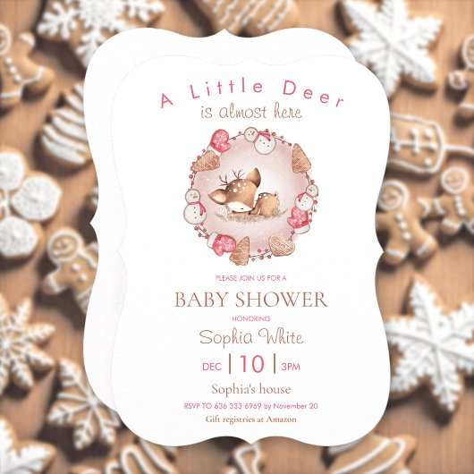 Invitation Baby shower de Noël rose cerf dormant