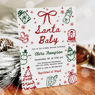 Invitation Baby Shower de Noël Rouge et Vert Dessiné à la Mai