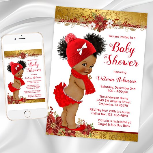 Invitation Baby shower de Noël Rouge or