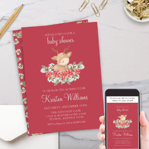 Invitation Baby shower de Noël rouge Poinsettia Little Deer