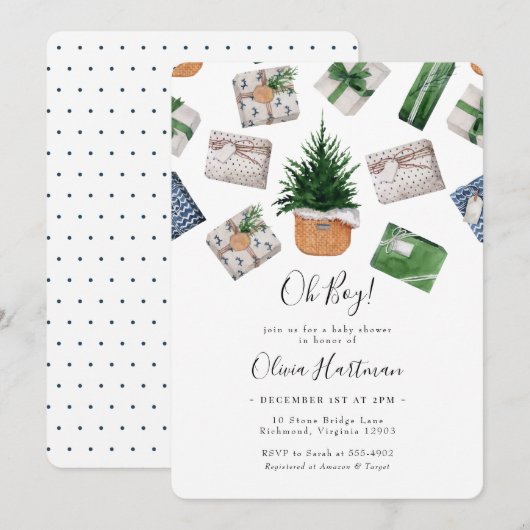 Invitation Baby shower de Noël rustique bleu hiver (Devant / Derrière)