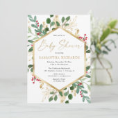 Invitation Baby shower de Noël verdure or rouge saint (Debout devant)