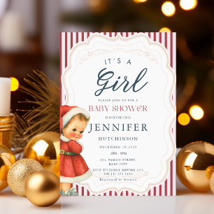 Invitation Baby shower de Noël vintage bébé fille