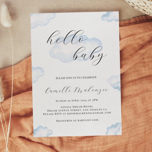 Invitation Baby shower de nuage bleu aquarelle