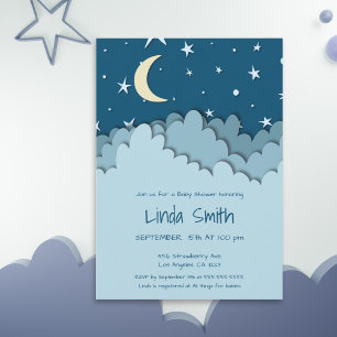 Invitation Baby shower de nuages bleu nuit étoilé