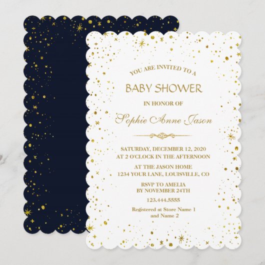 Invitation Baby shower de nuit Whimsical Gold Starry (Devant / Derrière)