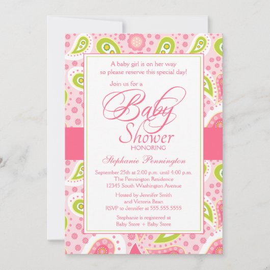 Invitation baby shower de paisley vert rose chaud (Devant)