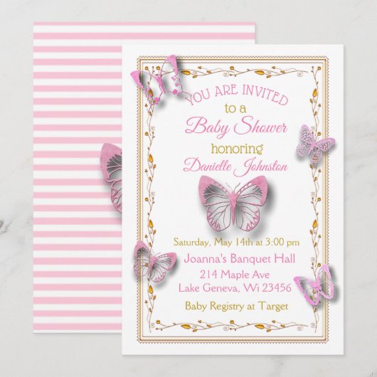 Invitation Baby shower de papillon de petite fille personnali (Devant / Derrière)