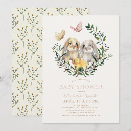 Invitation Baby shower de papillon lapin lapin Lop (Devant / Derrière)