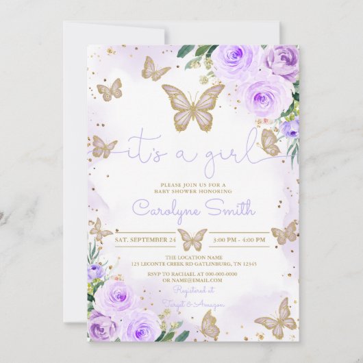 Invitation Baby shower de papillon pourpre fille (Devant)