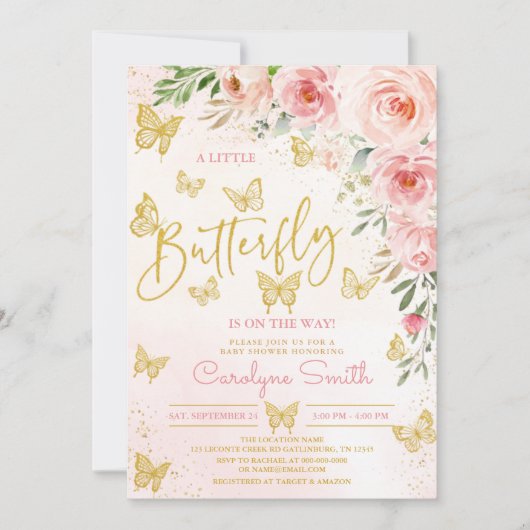 Invitation Baby shower de papillon rose (Devant)