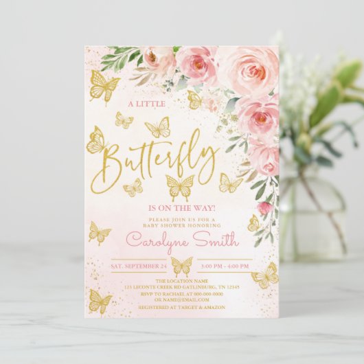 Invitation Baby shower de papillon rose (Debout devant)