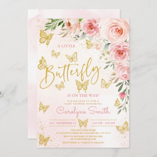 Invitation Baby shower de papillon rose (Devant / Derrière)