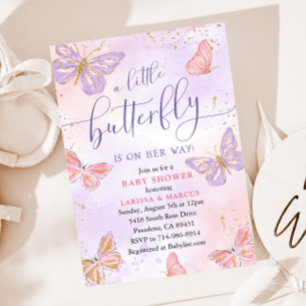 Invitation Baby shower de papillon rose violet or