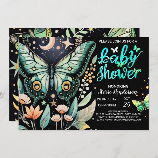 Invitation Baby shower de papillon vert (Devant / Derrière)