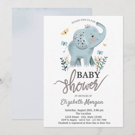 Invitation Baby shower de papillons aux fleurs d'éléphants (Devant / Derrière)