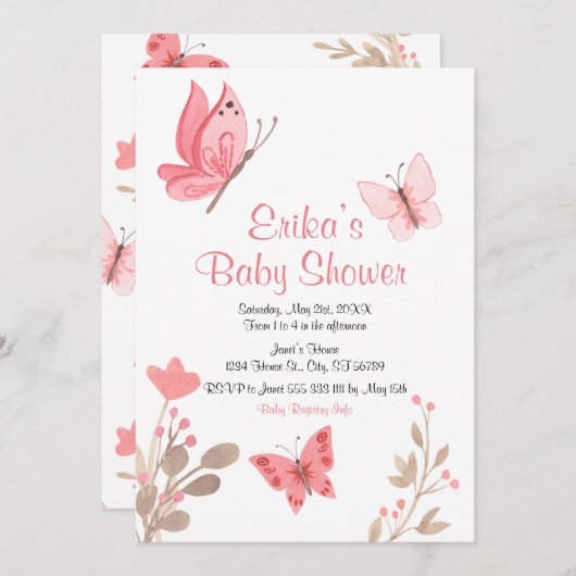Invitation Baby shower de papillons floraux rose pâle (Devant / Derrière)