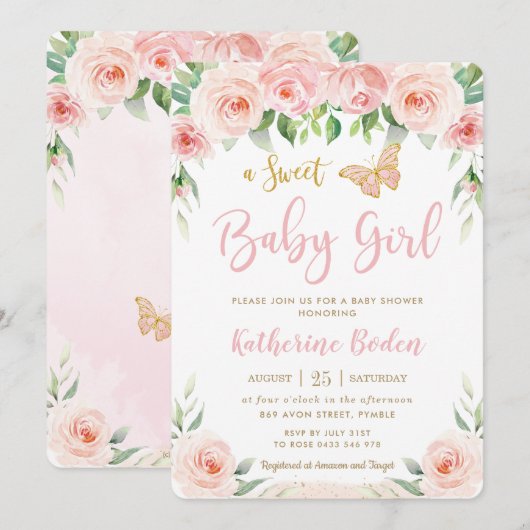 Invitation Baby shower de papillons floraux rose pâle (Devant / Derrière)