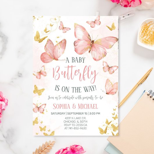 Invitation Baby shower de papillons rose pâle