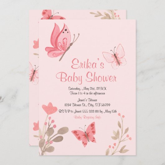 Invitation Baby shower de papillons roses mignonnes (Devant / Derrière)