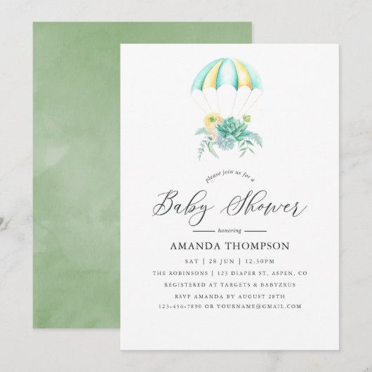 Invitation Baby shower de parachute de bouquet floral (Devant / Derrière)