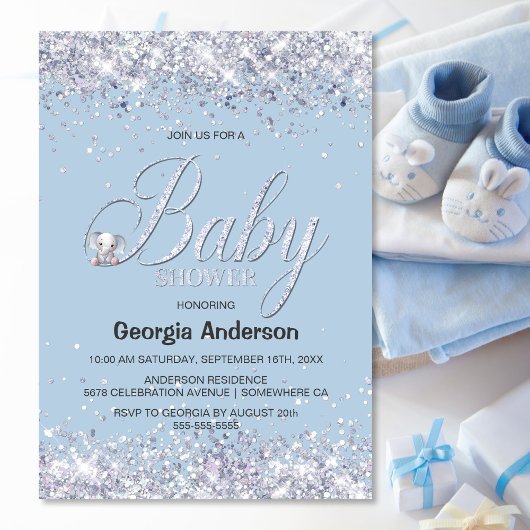 Invitation Baby shower de Parties scintillant Blue Elephant
