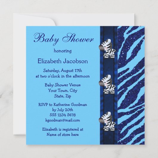 Invitation Baby shower de Parties scintillant Cute Blue Zebra (Dos)