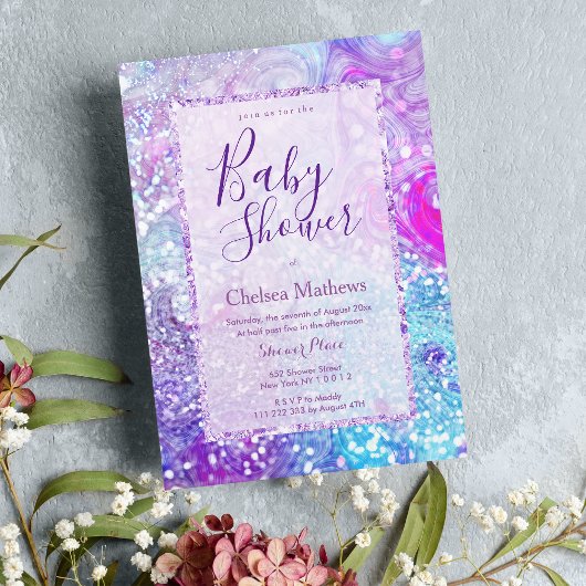 Invitation Baby shower de parties scintillant en marbre turqu
