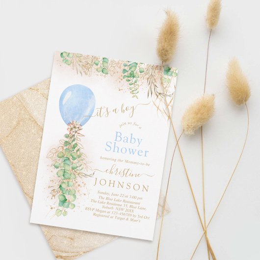 Invitation Baby shower de Parties scintillant en or Eucalyptu