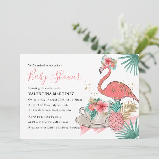 Invitation Baby shower de Parties scintillant en or Flamant r (Debout devant)