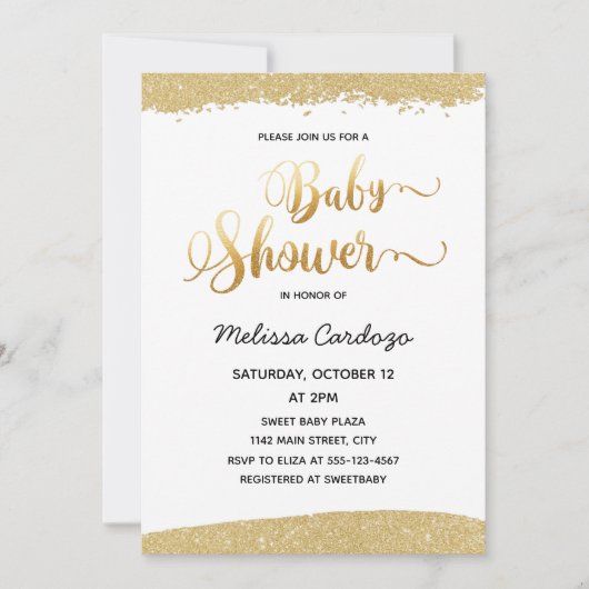 Invitation Baby shower de Parties scintillant en or manuscrit (Devant)