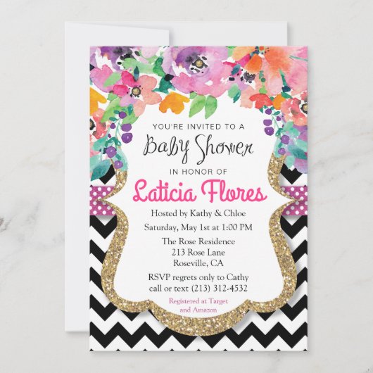 Invitation Baby shower de Parties scintillant florale Aquarel (Devant)