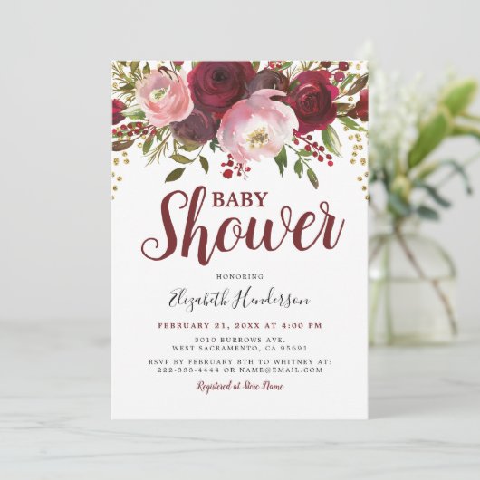 Invitation Baby shower de Parties scintillant florales rousse (Debout devant)