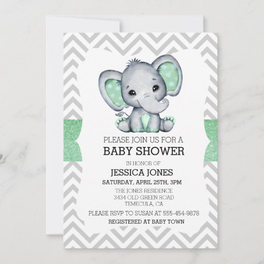 Invitation Baby shower de Parties scintillant Green Elephant (Devant)