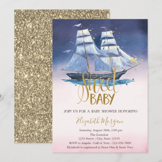Invitation Baby shower de Parties scintillant or de bateau à (Devant / Derrière)