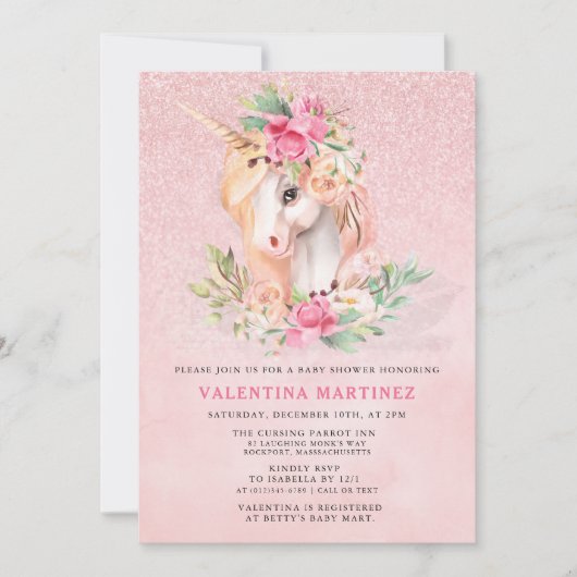 Invitation Baby shower de Parties scintillant rose Unicorn (Devant)
