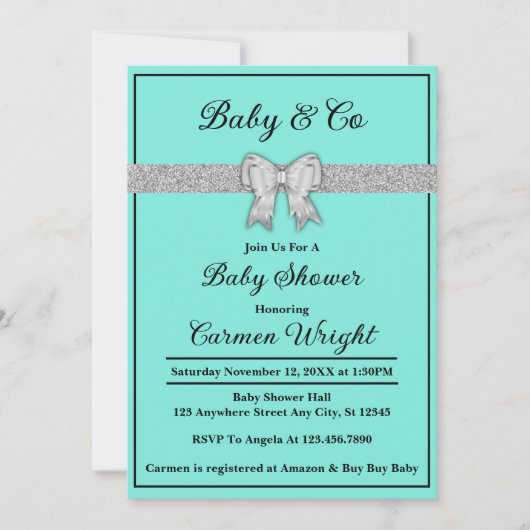 Invitation Baby shower de Parties scintillant Turquoise & Arg (Devant)