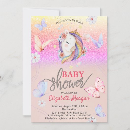 Invitation Baby shower de Parties scintillant Unicorn Butterf (Devant)